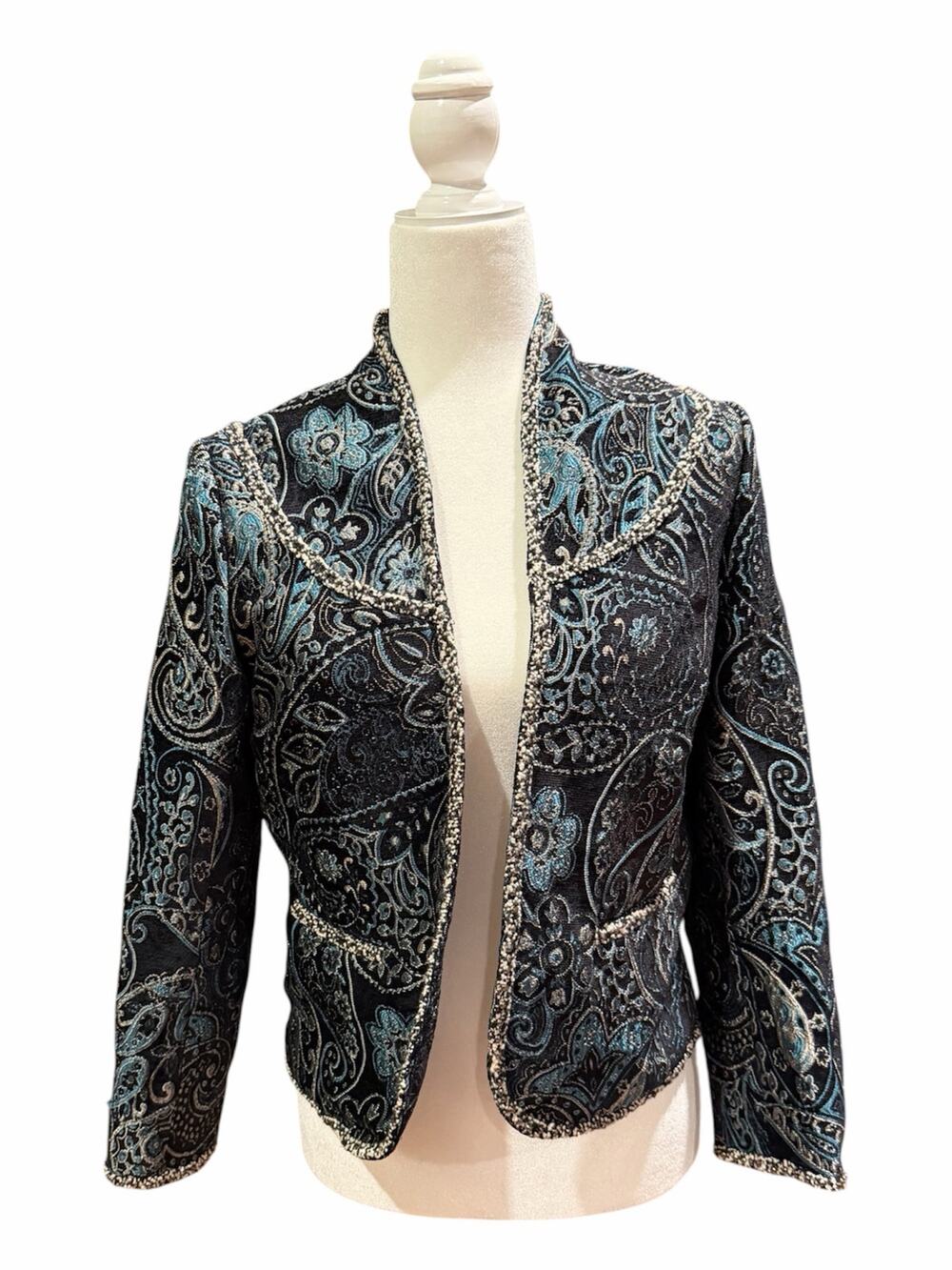 Warehouse Women 8 Paisley Blazer Jacket Black Blue Western Boho Beaded